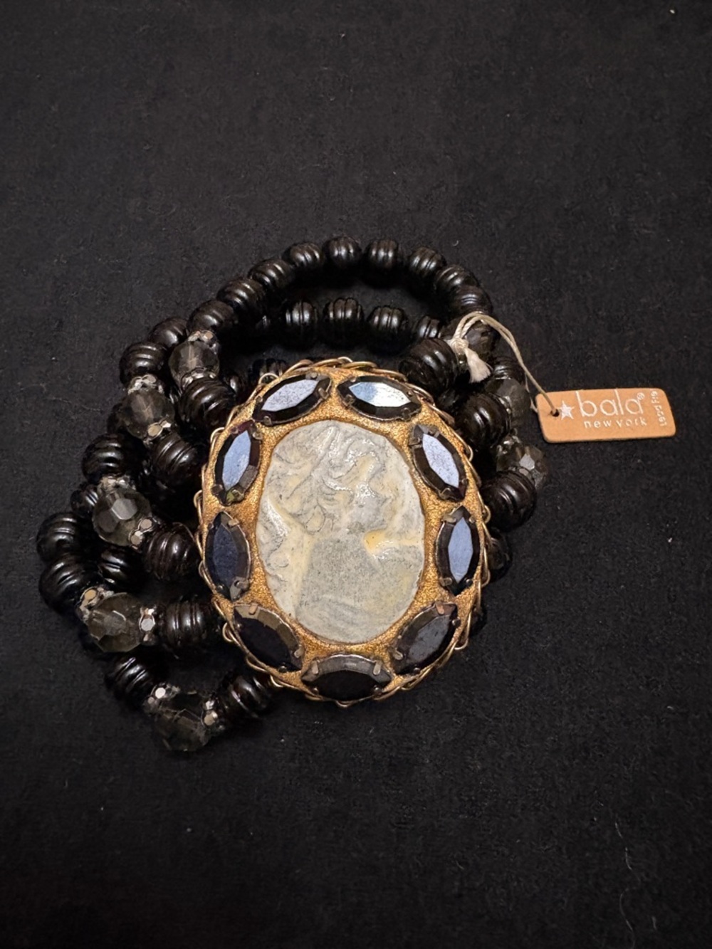 Black Beaded Cameo Stretch Bracelet